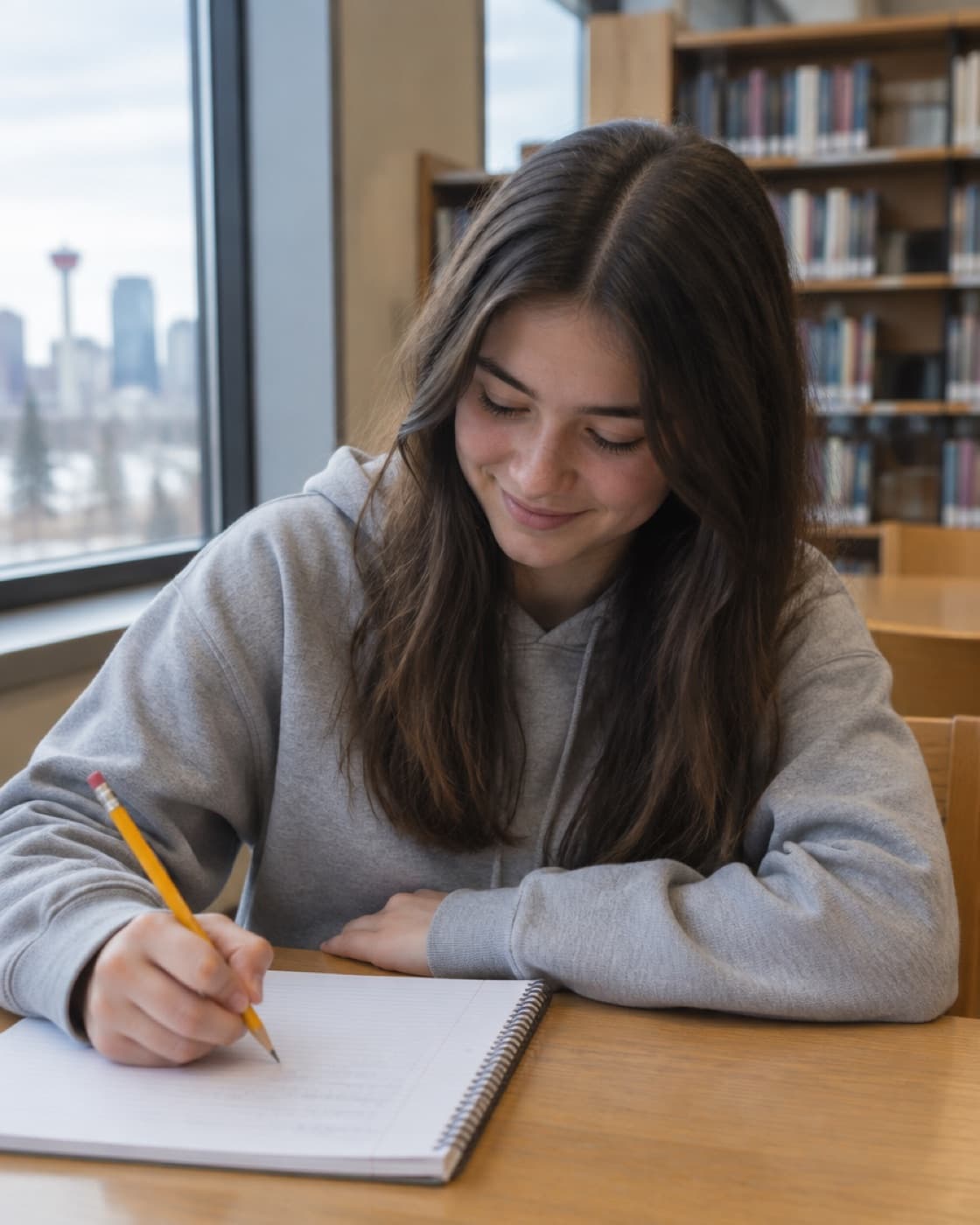 A student writing in a notebook at a library table